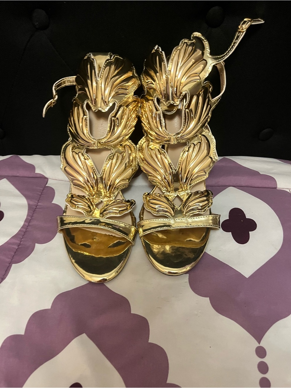 Gold Metallic Leaf-Embellished Women's Heels